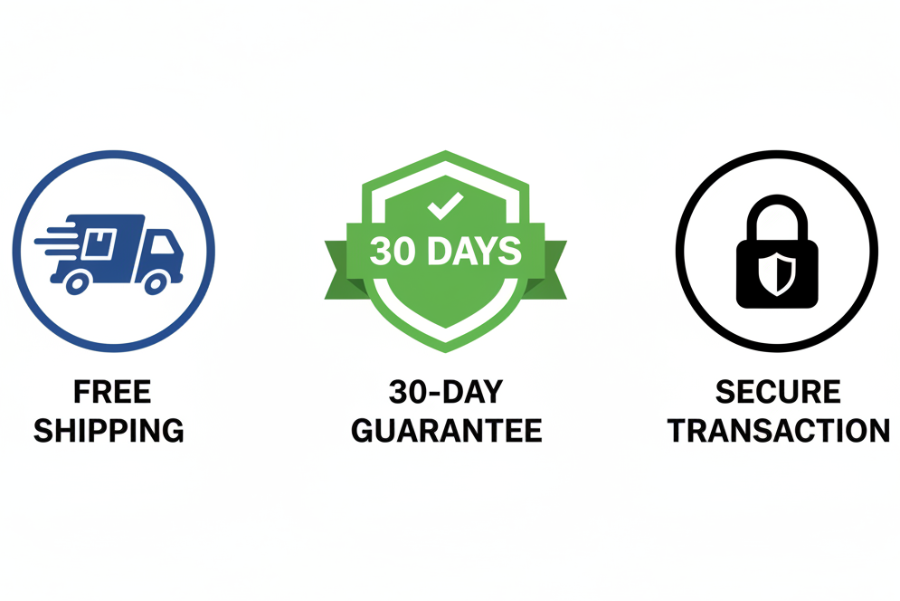 free shipping 30 day guarantee and secure transaction badges